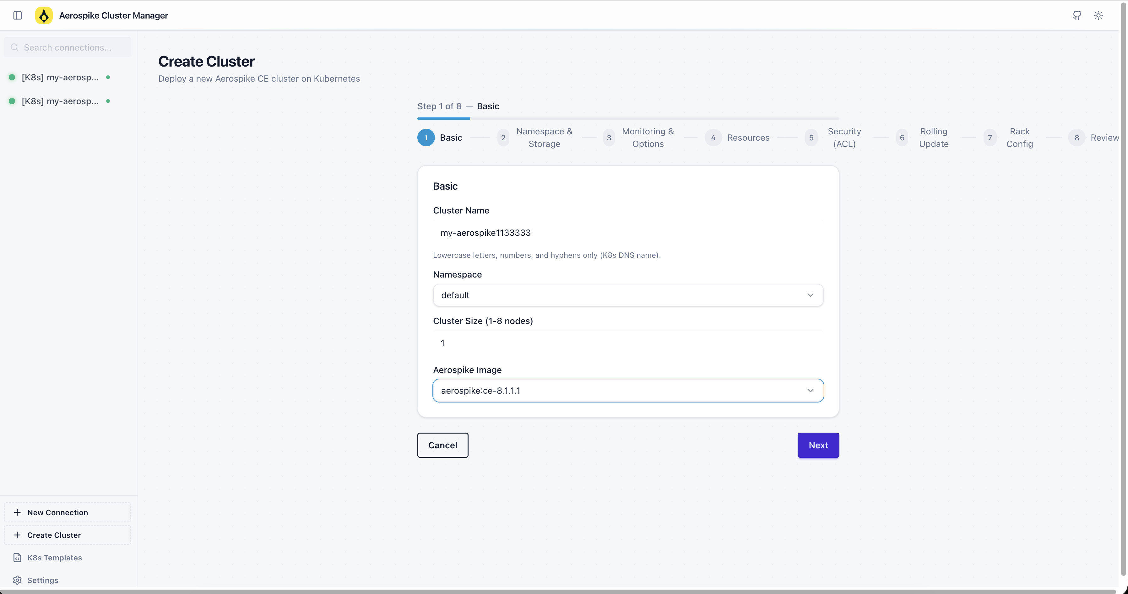 Create Cluster - Step 1 Basic